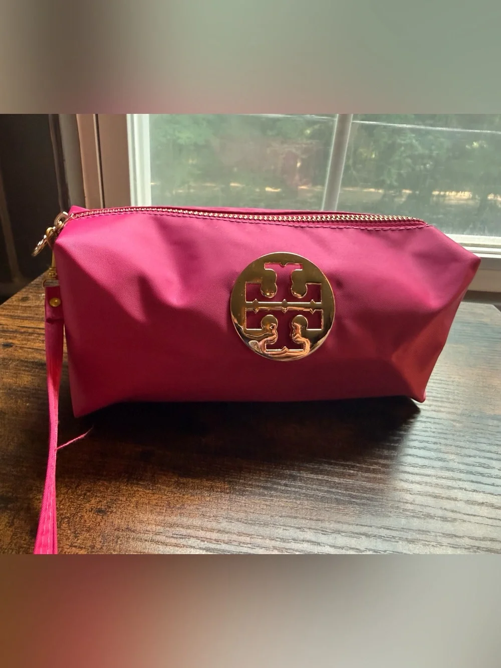 Tory Burch Hot Pink Nylon Wristlet Cosmetic Pouch with Gold Logo
